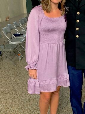 She + Sky Lavender Long Sleeve Smocked Bodice Mini Dress
